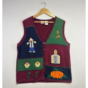 Capacity Woman 3X Knit Vest Autumn Fall Scarecrow Pumpkin Applique  Burgundy